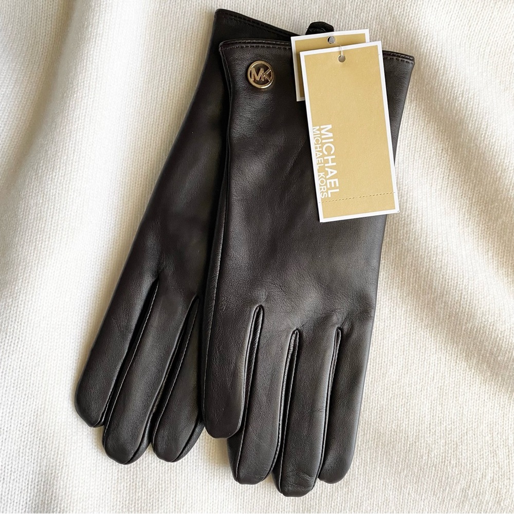 MICHAEL KORS SMOOTH LEATHER TECH TOUCH GLOVES Dark Brown L